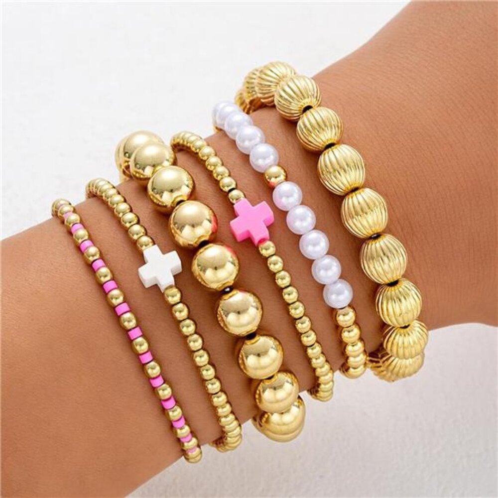 Gold Beaded Bracelet Stack for Women Trendy Non Tarnish Chunky Stretch - Picture 2 of 5